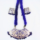 Vintage gilt sterling silver & enamel Meenakari royal blue mala beaded necklace & earring set