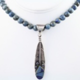 Estate Native American sterling silver lapis lazuli beaded feather necklace