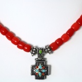 Vintage Barse Native American style sterling silver coral bead & turquoise cross necklace