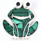 Vintage .950 silver malachite & onyx frog pin with googly eyes