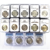 Investor's lot of 60 certified mixed date toned U.S. Peace silver dollars