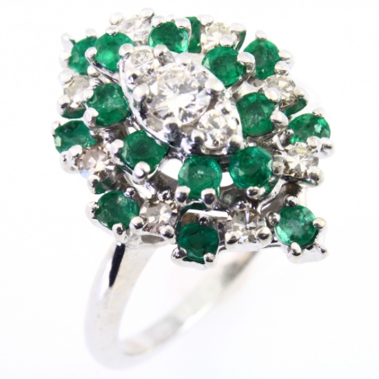 Vintage 14K white gold diamond & natural emerald ring
