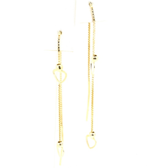 Pair of estate 14K yellow gold dangle heart threader earrings on box chain
