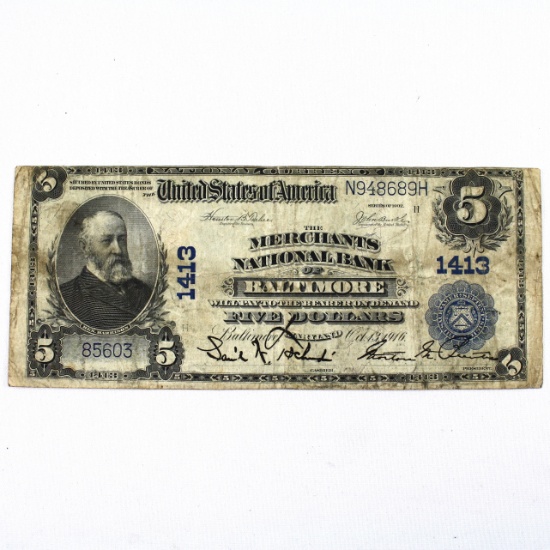 1902 U.S. $5 Merchants National Bank of Baltimore national currency banknote