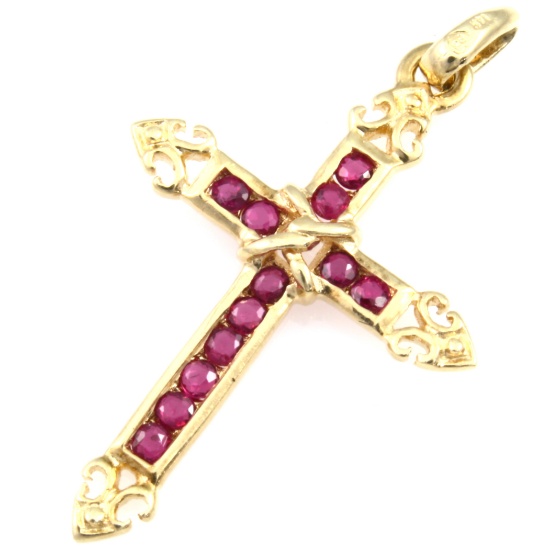 Vintage 14K yellow gold natural ruby cross pendant