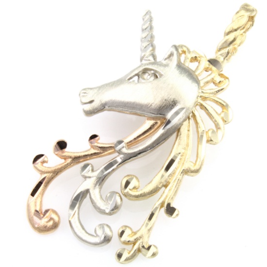 Vintage 14K yellow, rose & white gold unicorn diamond-cut pendant