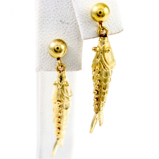 Pair of estate unmarked 18K yellow gold flexible fish dangle earrings