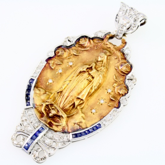 Impressive vintage Art Deco 18K yellow & white gold diamond & natural sapphire Virgin Mary pendant