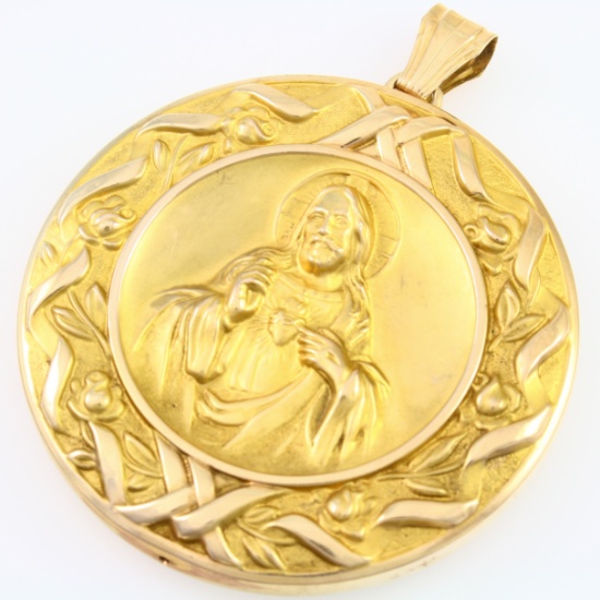 Large vintage 18K yellow gold Madonna with Child/ Sacred Heart medallion pendant
