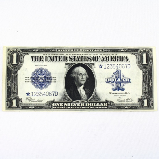 1923 star note U.S. $1 large size blue seal silver certificate banknote
