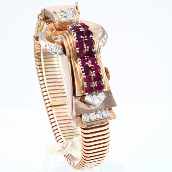 Vintage Art Deco Movado 14K rose gold diamond & natural ruby surprise wristwatch bracelet