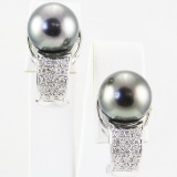 Pair of estate 18K white gold Tahitian pearl & diamond earrings