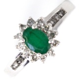 Estate 10K white gold diamond & natural emerald ring