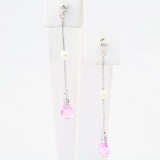 Pair of estate 14K white gold diamond, pearl & pink sapphire dangle earrings