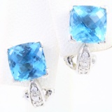 Pair of 14K white gold diamond & blue topaz  earrings
