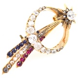 Antique 18K rose gold diamond, natural ruby & natural sapphire star & crescent pin