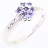 Estate 14K white gold diamond & tanzanite flower cluster ring