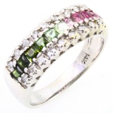 Estate 14K white gold diamond, tourmaline & quartz band ring