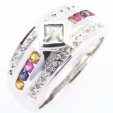 Estate 14K white gold diamond & multi-colored gemstone band ring
