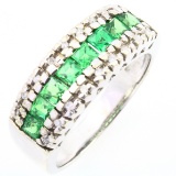 Estate 14K white gold diamond & green quartz band ring