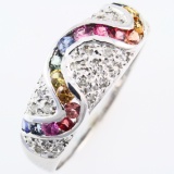 Estate 14K white gold diamond & rainbow colored gemstone band ring