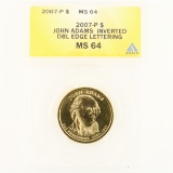 Certified 2007-P error U.S. John Adams presidential dollar