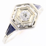 Antique Art Deco 18K white gold diamond & natural sapphire ring