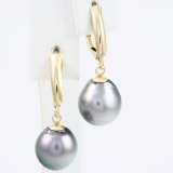 Pair of estate 14K yellow gold Tahitian pearl dangle drop earrings