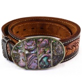 Estate abalone belt buckle on a hand-painted leather belt