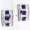 Pair of estate 14K white gold diamond & natural sapphire j-hoop earrings