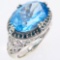 Estate 14K white gold blue & white diamond & blue topaz halo ring