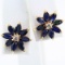 Pair of estate 14K yellow gold diamond & natural sapphire flower stud earrings