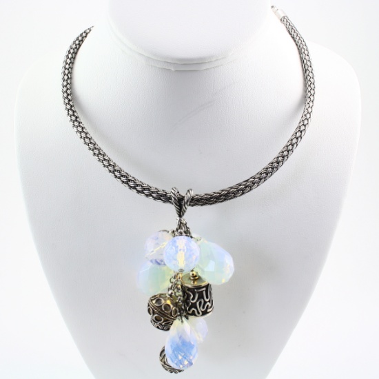 Estate sterling silver opalite pendant on a sterling silver woven necklace