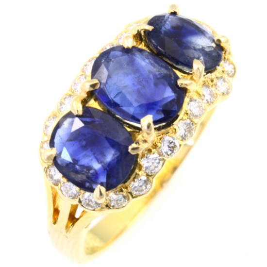Estate unmarked 18K yellow gold diamond & natural sapphire ring