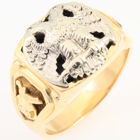 Vintage 14K yellow gold double headed eagle Scottish Rite 32nd degree Shriner Masonic ring