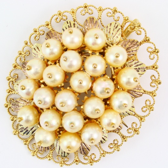 Vintage 14K yellow & rose gold Akoya pearl pin/pendant