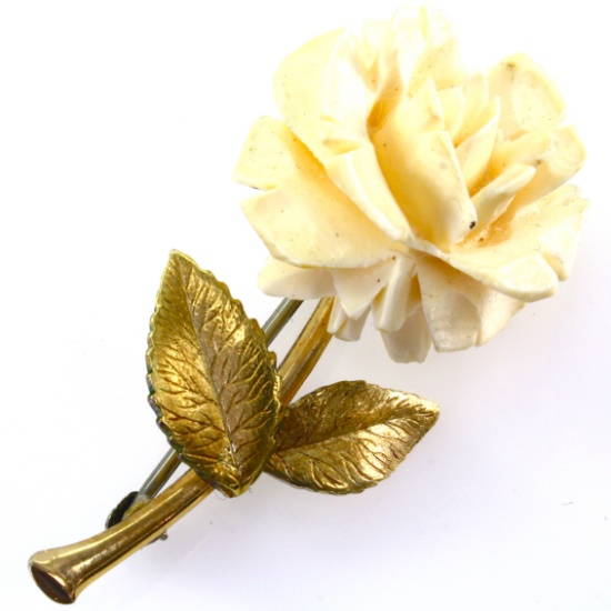Vintage genuine ivory gold-plated floral pin