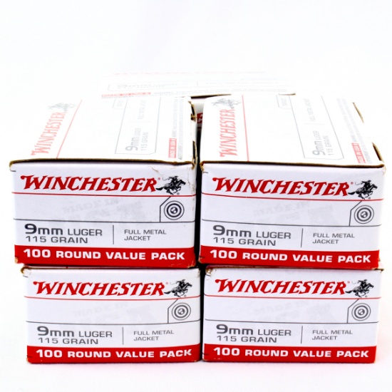 Lot of 600 rounds of boxed Winchester 9mm Luger 115 grain FMJ pistol ammo