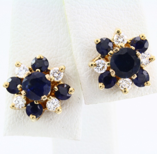 Pair of estate 14K yellow gold diamond & natural sapphire stud earrings & jackets