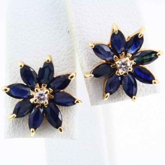 Pair of estate 14K yellow gold diamond & natural sapphire flower stud earrings