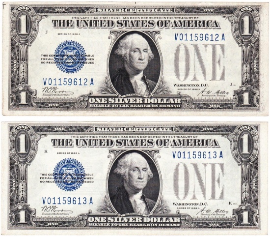 Lot of 2 consecutive serial number 1928A U.S. $1 "funny back" blue seal silver certificates