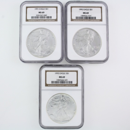 Lot of 3 certified consecutive date U.S. American Eagle silver dollars