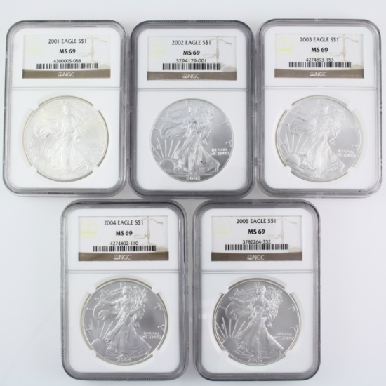 Lot of 5 certified consecutive date U.S. American Eagle silver dollars