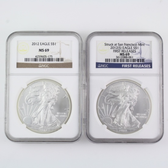 Lot of 2 different mintmark 2012 U.S. American Eagle silver dollars