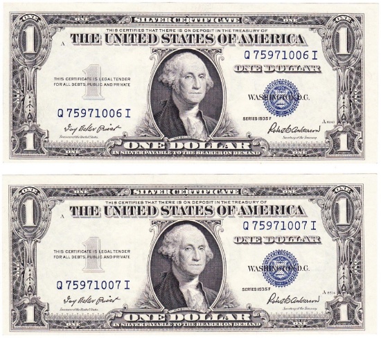 Lot of 2 consecutive serial number 1935F U.S. $1 blue seal silver certificate banknotes