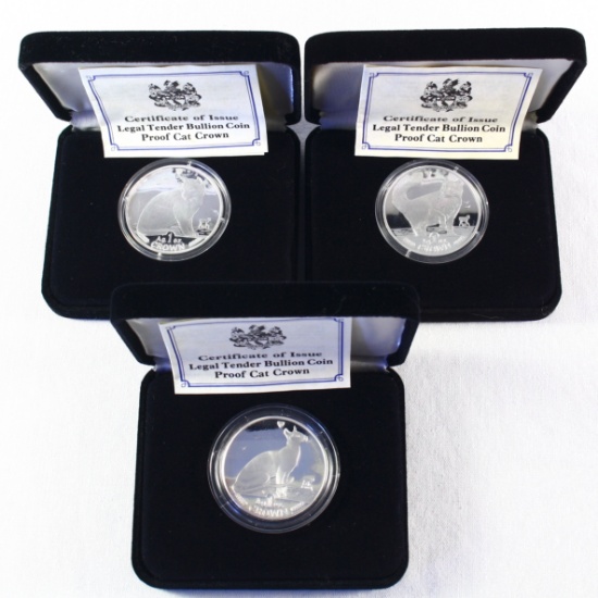 Set of 3 1990-1992 Isle of Man proof silver crowns