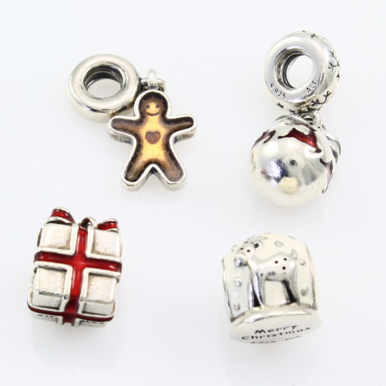 Lot of 4 authentic Pandora sterling silver Christmas gift, gingerbread man & reindeer beads