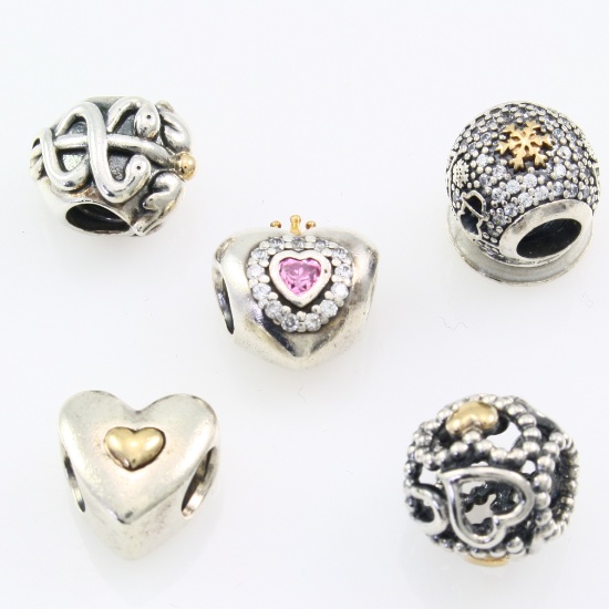 Lot of 5 authentic Pandora 14K yellow gold & sterling heart, medical & Christmas snow globe beads