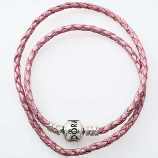 Authentic estate Pandora sterling silver & pink cord bead bracelet