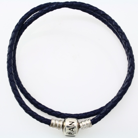 Authentic estate Pandora sterling silver & navy blue cord bead bracelet